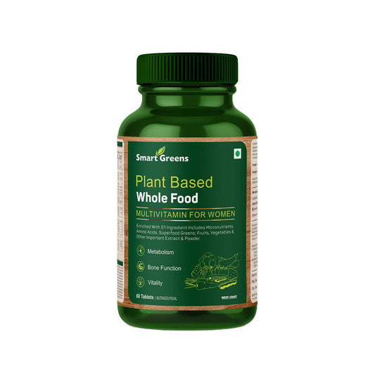 Green supplement bottle labeled 'Smart Greens' on a white background
