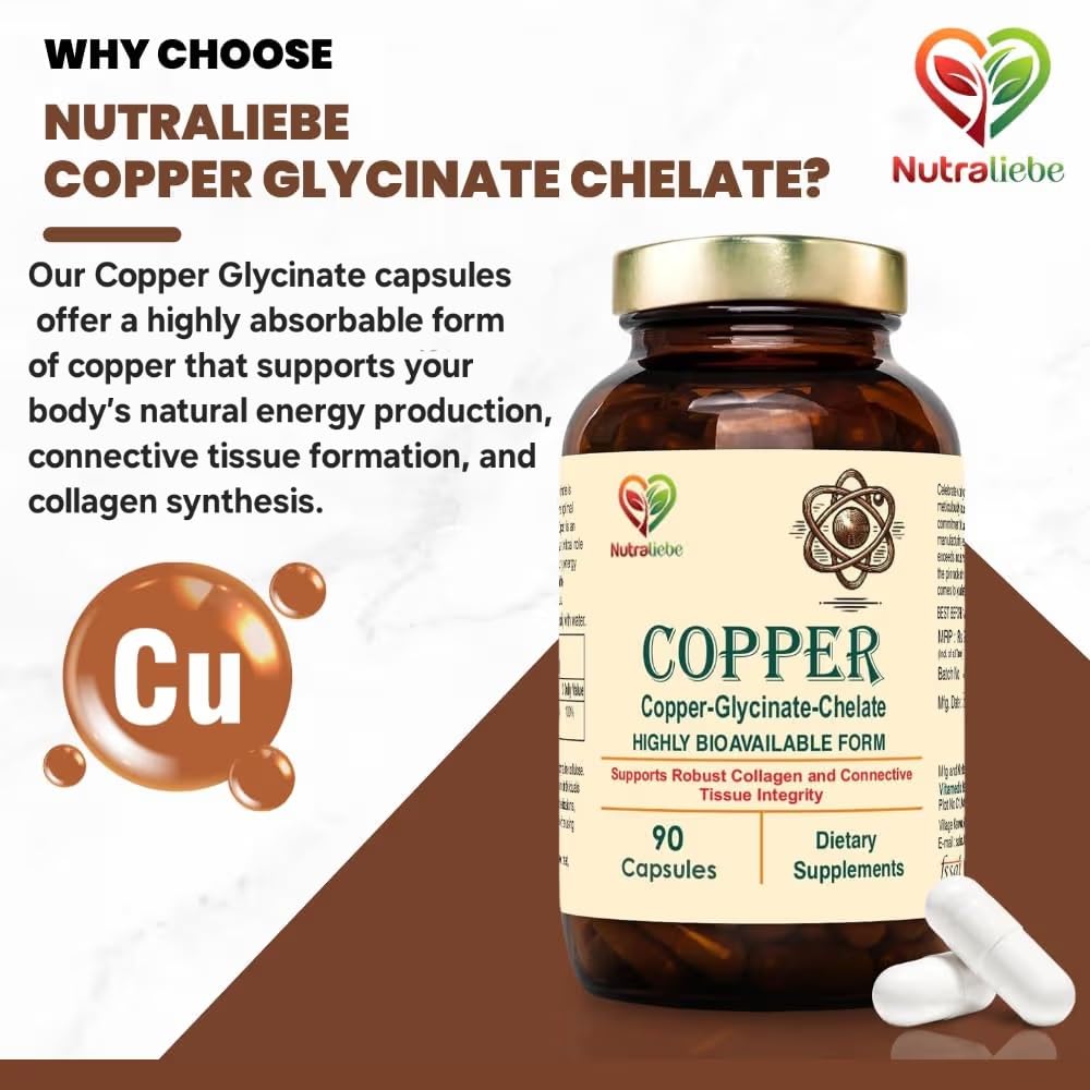 Nutraliebe Copper Glycinate Chelate - High Bioavailability, Supports Collagen Formation and Connective Tissue Health, 90 Capsules