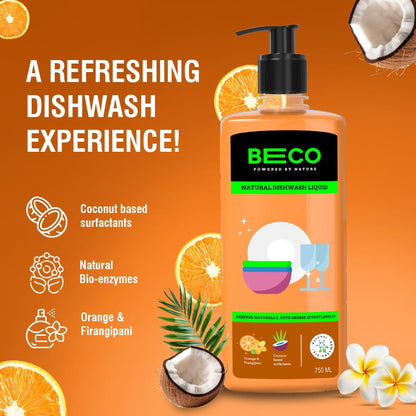 Beco Natural Dishwash Liquid-750ml |Orange Citrus Freshness| 100% Ecofriendly-Tough Grease removal Antibac formula| Leaves No residue, Baby & Pet Safe