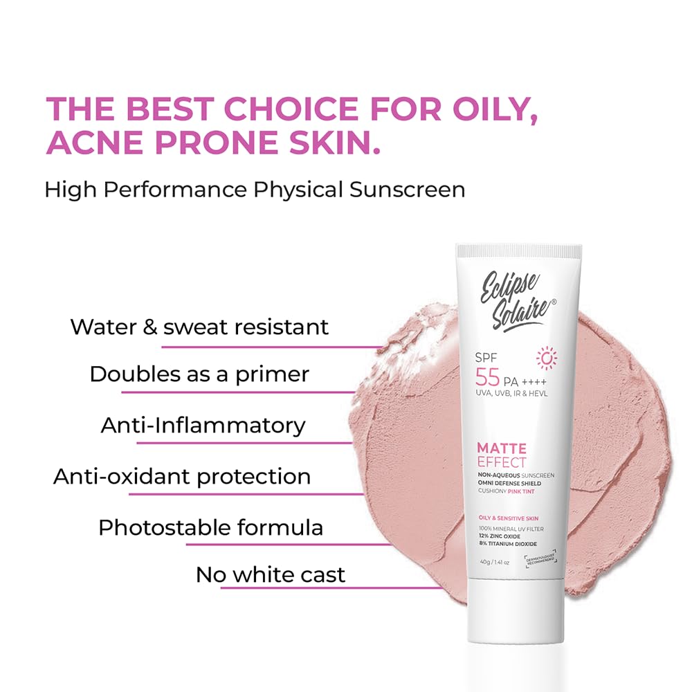 Matte Sunscreen SPF 55 PA++++ | Lightweight, No White Cast, Waterproof & Sweat Resistant Tinted Sunscreen for Oily, Acne-Prone & Sensitive Skin – 40g