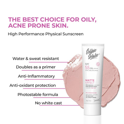 Matte Sunscreen SPF 55 PA++++ | Lightweight, No White Cast, Waterproof & Sweat Resistant Tinted Sunscreen for Oily, Acne-Prone & Sensitive Skin – 40g