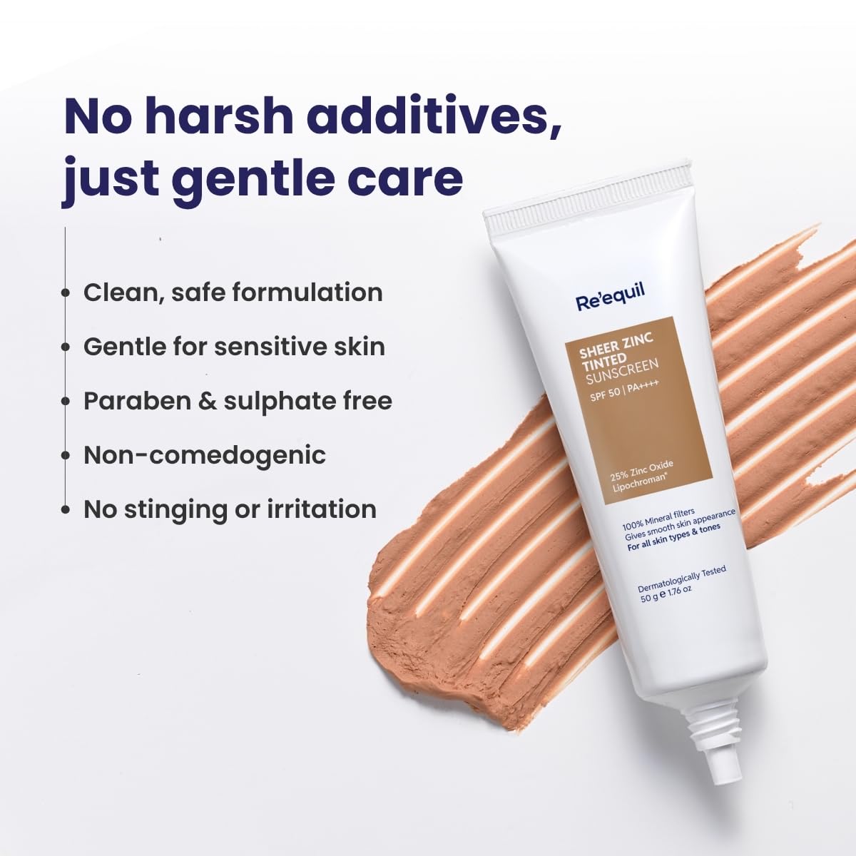 Tube of Reequil sunscreen with a swatch of product on a white background, featuring text about product benefits.
