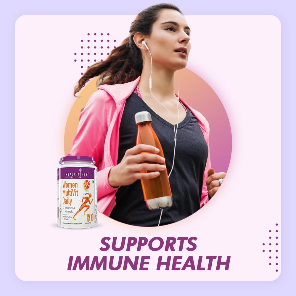 Woman holding a bottle of juice with a supplement container labeled 'Healthy Net' on a light purple background.