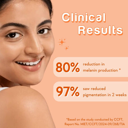 Woman's face with clinical results text on a peach background