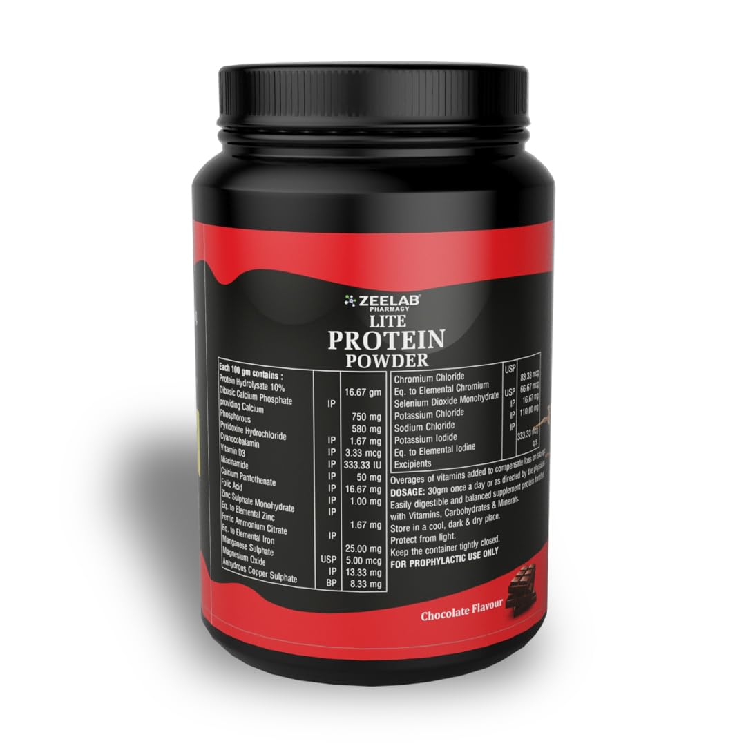 Zeelab Lite Protein Powder container with black and red design on a white background