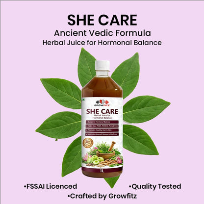 Growfitz She Care Herbal Juice 1000ml | Advanced Ayurvedic Formula for PCOS/PCOD, Hormonal Balance & Period Health | With Shatavari, Ashok Chaal, Amla & Giloy | No Added Sugar