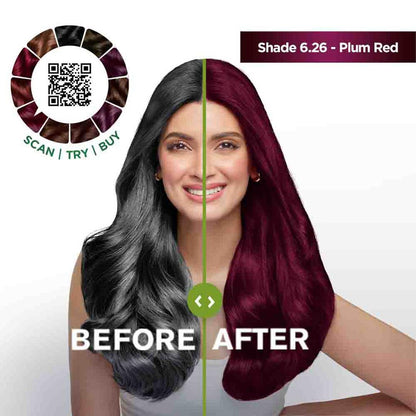 Before and after hair color transformation with a woman's head on either side, showing black to plum red hair, with a QR code and color swatch.