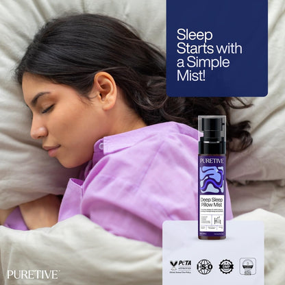 Woman sleeping with a Puretive Deep Sleep Pillow Mist bottle displayed in front.