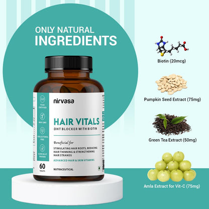 Nirvasa Hair Vitals DHT Blocker with Biotin (650mg) – 60 Tablets | Supports Hair Growth, Strength & Thickness | Reduces Hair Fall & Breakage | With Beta-Sitosterol | For Men & Women