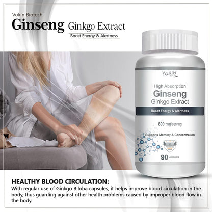 Vokin Biotech Ginseng Ginkgo Extract supplement bottle with a person sitting on a couch.