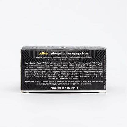 Box of coffee hydrogel under eye patches with text on a white background