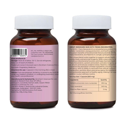 ZEROHARM NMN + Trans-Resveratrol 500 mg | High-Purity 99.5% NMN | Supports Healthy Aging, Cellular Energy, NAD+ Levels, Skin Health, Joint Support, Antioxidant | For Men & Women - 30 Veg Capsules