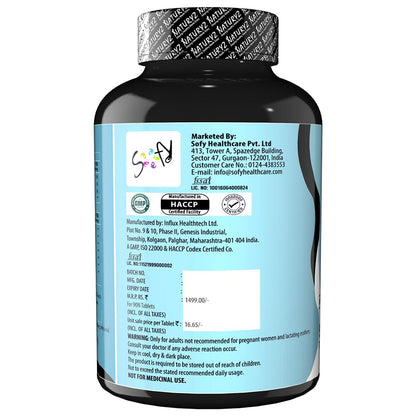 Supplement bottle with blue label and silver cap on a white background