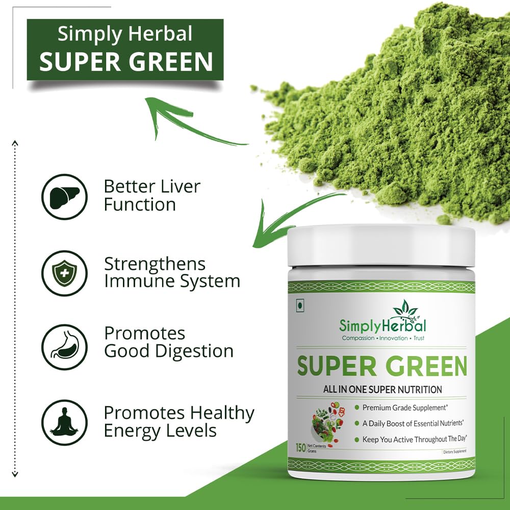 Simply Herbal Super Greens & Herbs Mix – Detox & Digestive Support with Spirulina, Amla, Chlorella & Antioxidants – 150g