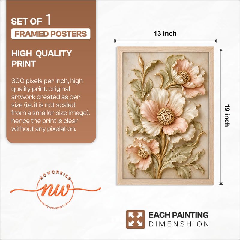 Floral Botanical Wall Painting with Frame | Premium Textured Flower & Leaf Artwork, Pastel Nature Wall Decor Framed for Living Room Bedroom Office and Home Decoration (Art-7,13x19inch)