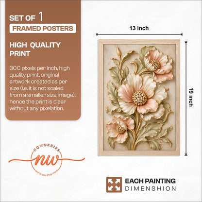 Floral Botanical Wall Painting with Frame | Premium Textured Flower & Leaf Artwork, Pastel Nature Wall Decor Framed for Living Room Bedroom Office and Home Decoration (Art-7,13x19inch)