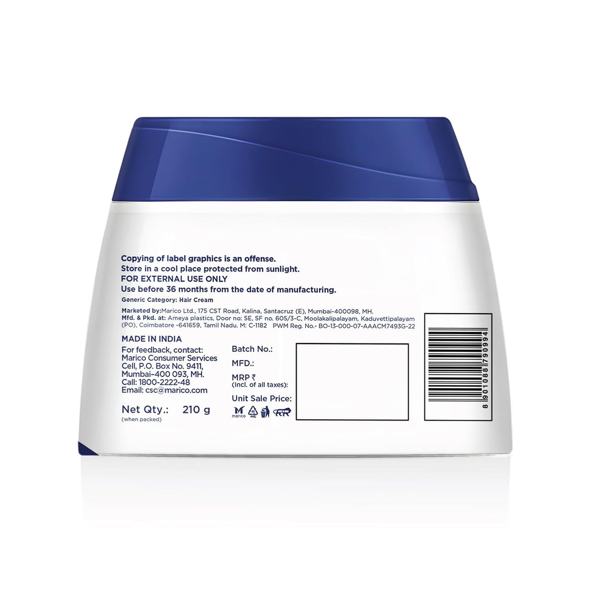 Back label of a hair care product container with text and branding.