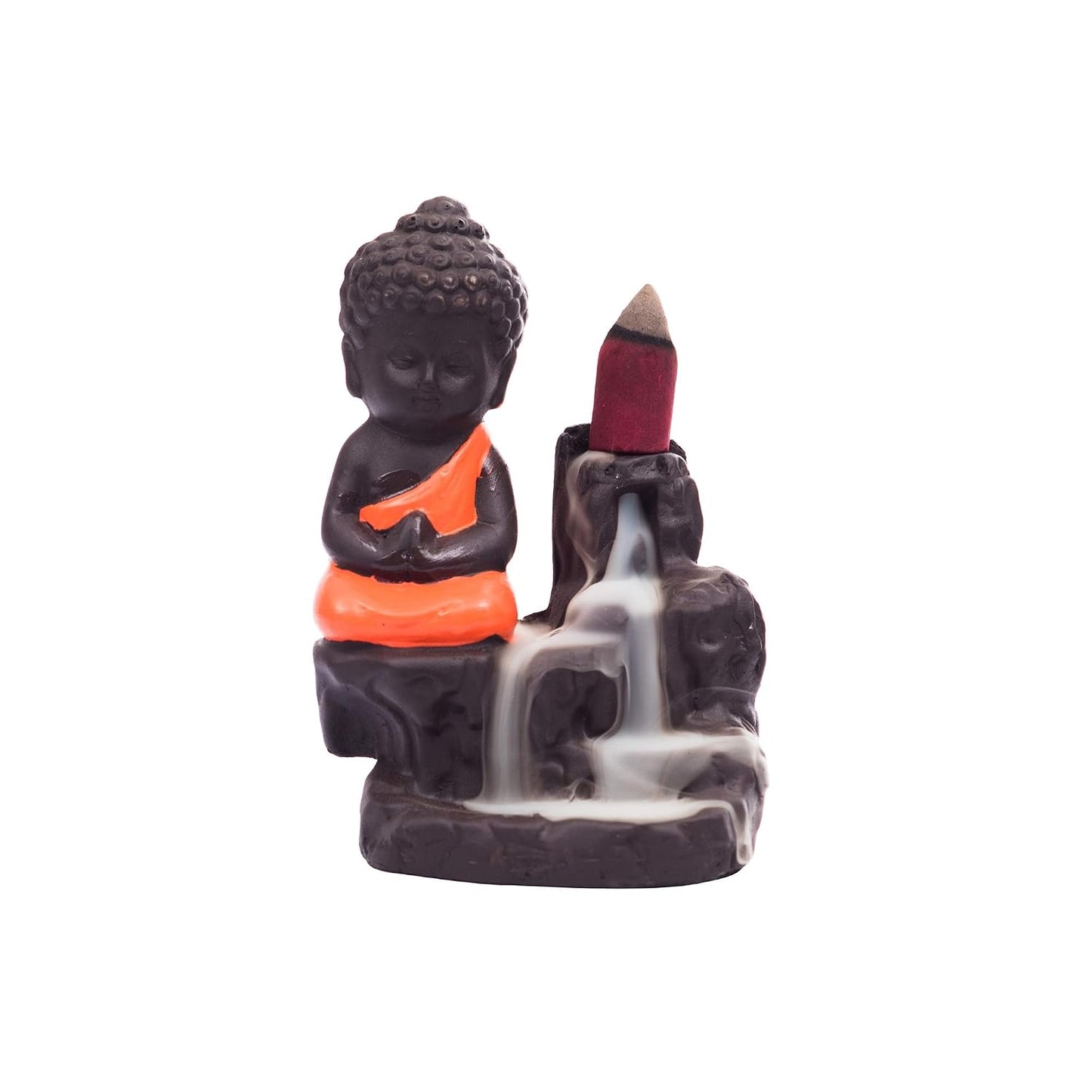 eCraftIndia Meditating Monk Buddha Smoke Backflow Cone Decorative Incense Holder (7 cm x 7 cm x 12, Red)