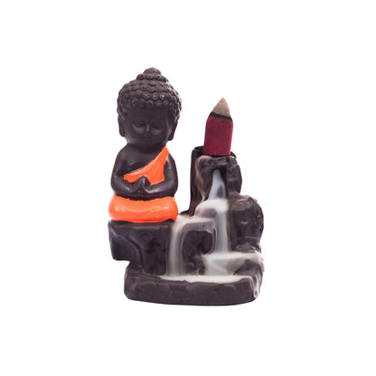 eCraftIndia Meditating Monk Buddha Smoke Backflow Cone Decorative Incense Holder (7 cm x 7 cm x 12, Red)