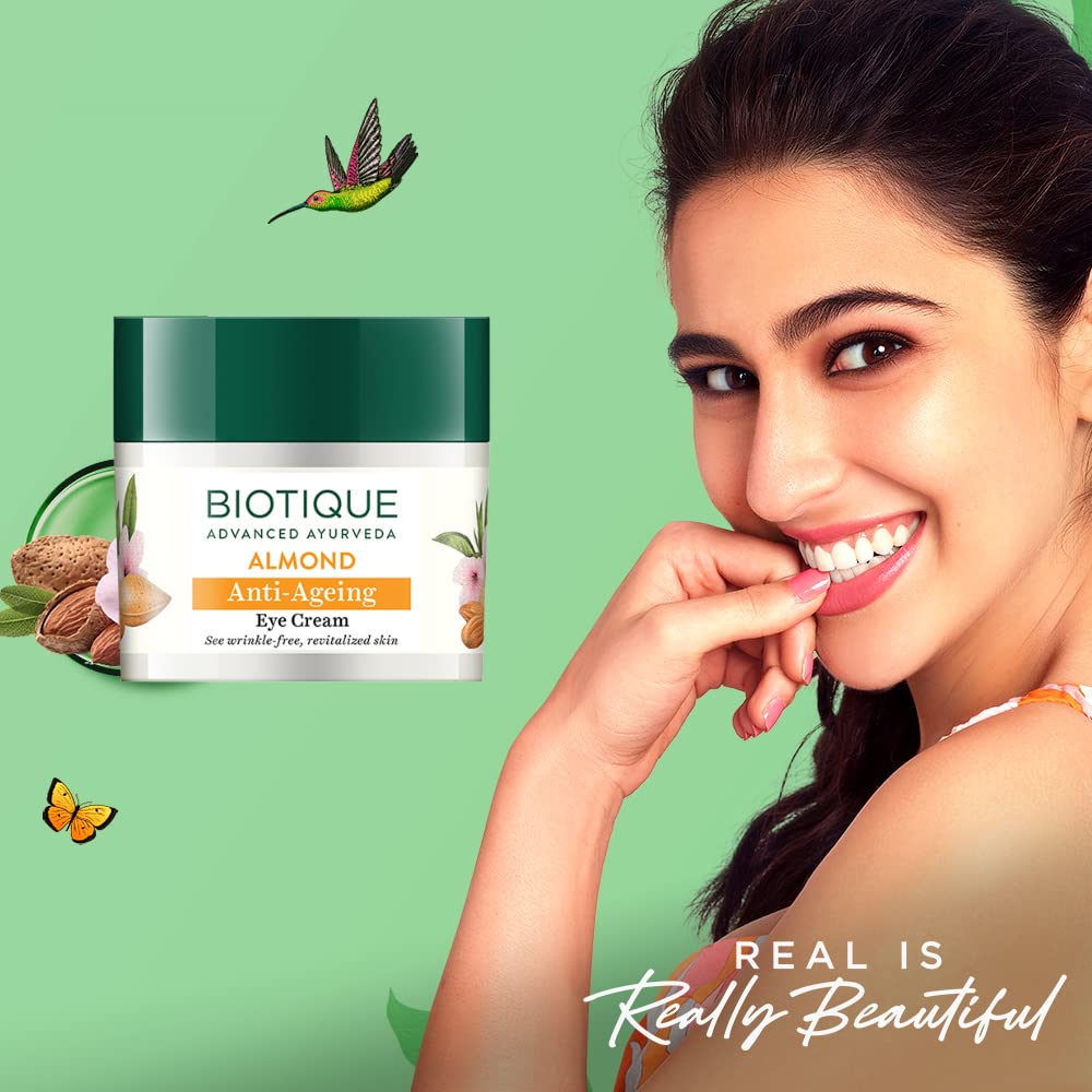 Biotique Almond Anti-Ageing Eye Cream| Ayurvedic and Organically Pure| Under Eye Cream for Dark Circles| Reduces Puffiness and Wrinkles |100% Botanical Extracts| Suitable for All Skin Types | 15gm