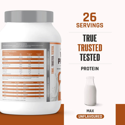 Protein powder container with nutritional information and branding on a white background