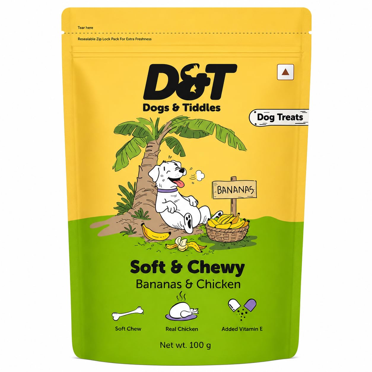 Dogs & Tiddles Banana & Real Chicken Dog Treats for Puppies & Adult Dogs, 100g | Soft & Chewy Puppy Treats | Supports Strong Bones & Teeth| Tasty Training Treats and Dog Snacks