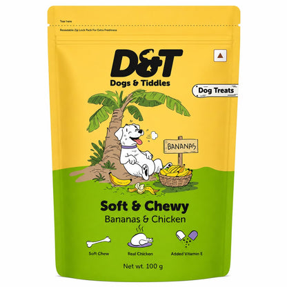 Dogs & Tiddles Banana & Real Chicken Dog Treats for Puppies & Adult Dogs, 100g | Soft & Chewy Puppy Treats | Supports Strong Bones & Teeth| Tasty Training Treats and Dog Snacks