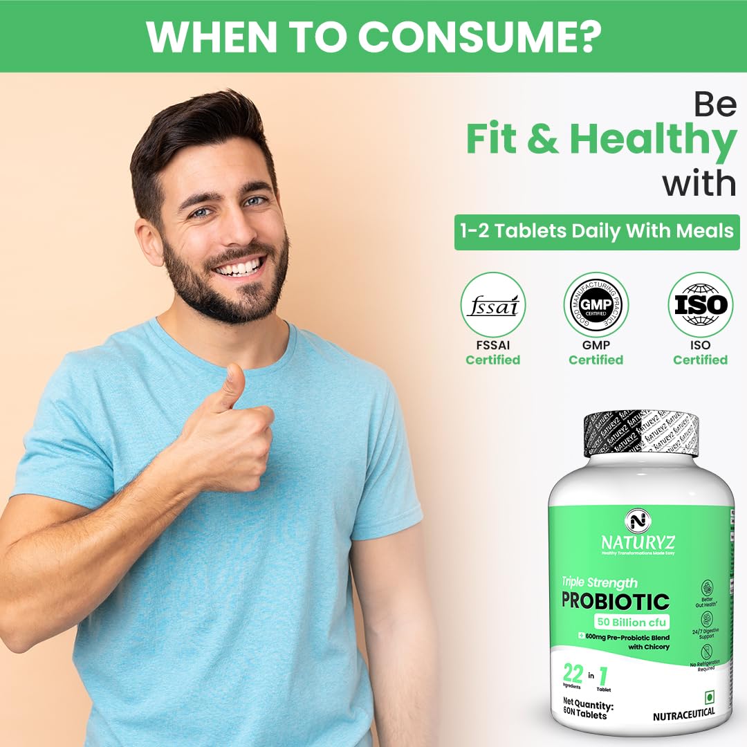 Man giving a thumbs up next to a bottle of Naturyz Probiotic supplement with certification logos on a beige background.