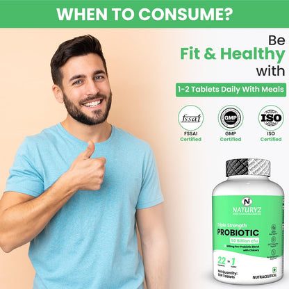 Man giving a thumbs up next to a bottle of Naturyz Probiotic supplement with certification logos on a beige background.