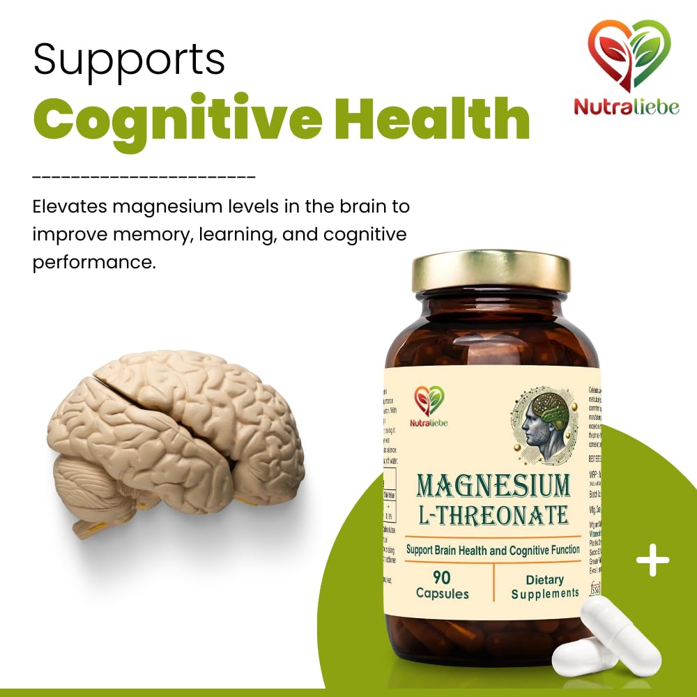 Nutraliebe Magnesium L-Threonate, 90 Capsules, Brain Health, Cognitive Support, Promotes Relaxation & Focus, High Absorption Formula