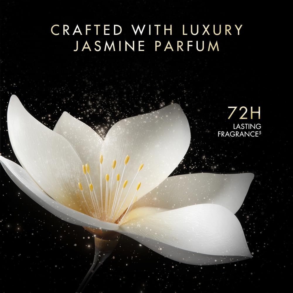 White flower with text about luxury jasmine perfume on a black background