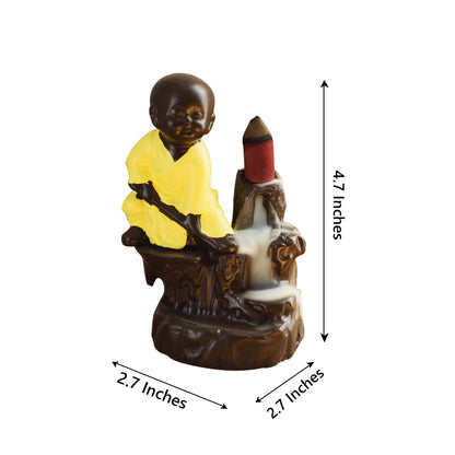 eCraftIndia Karate Style Monk Buddha Smoke Backflow Cone Decorative Incense Holder (7 cm x 7 cm x 12, Yellow)