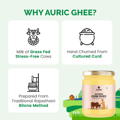 Auric A2 Bilona Desi Cow Ghee - Vedic Bilona Method -Traditional Curd Churned -Lab Tested - Danedar Ghee -Grass Fed Cow -Glass Jar