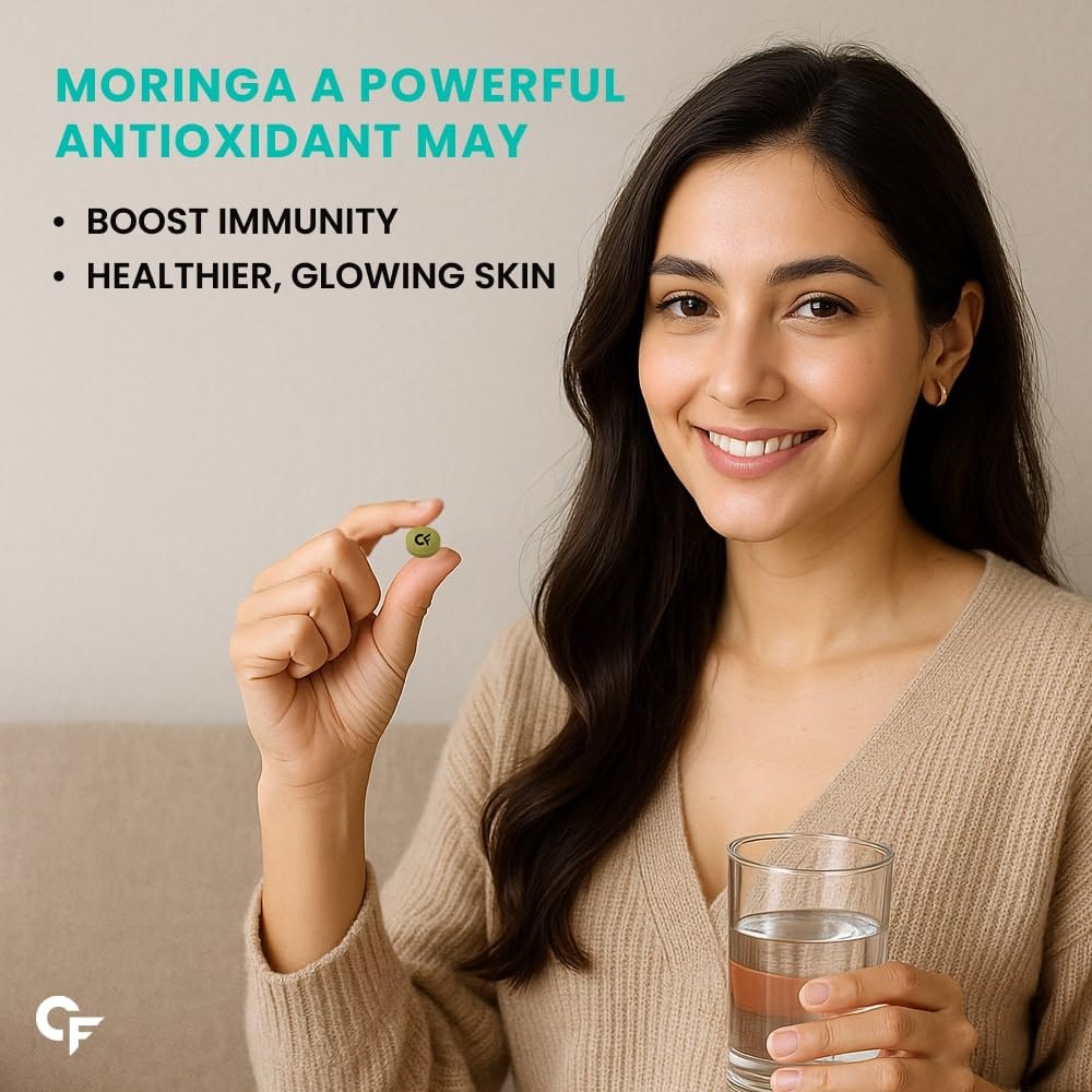 Woman holding a glass of water and a moringa leaf with text about its benefits on a beige background.