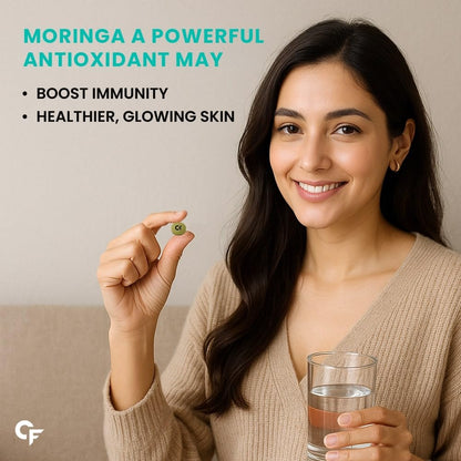 Woman holding a glass of water and a moringa leaf with text about its benefits on a beige background.
