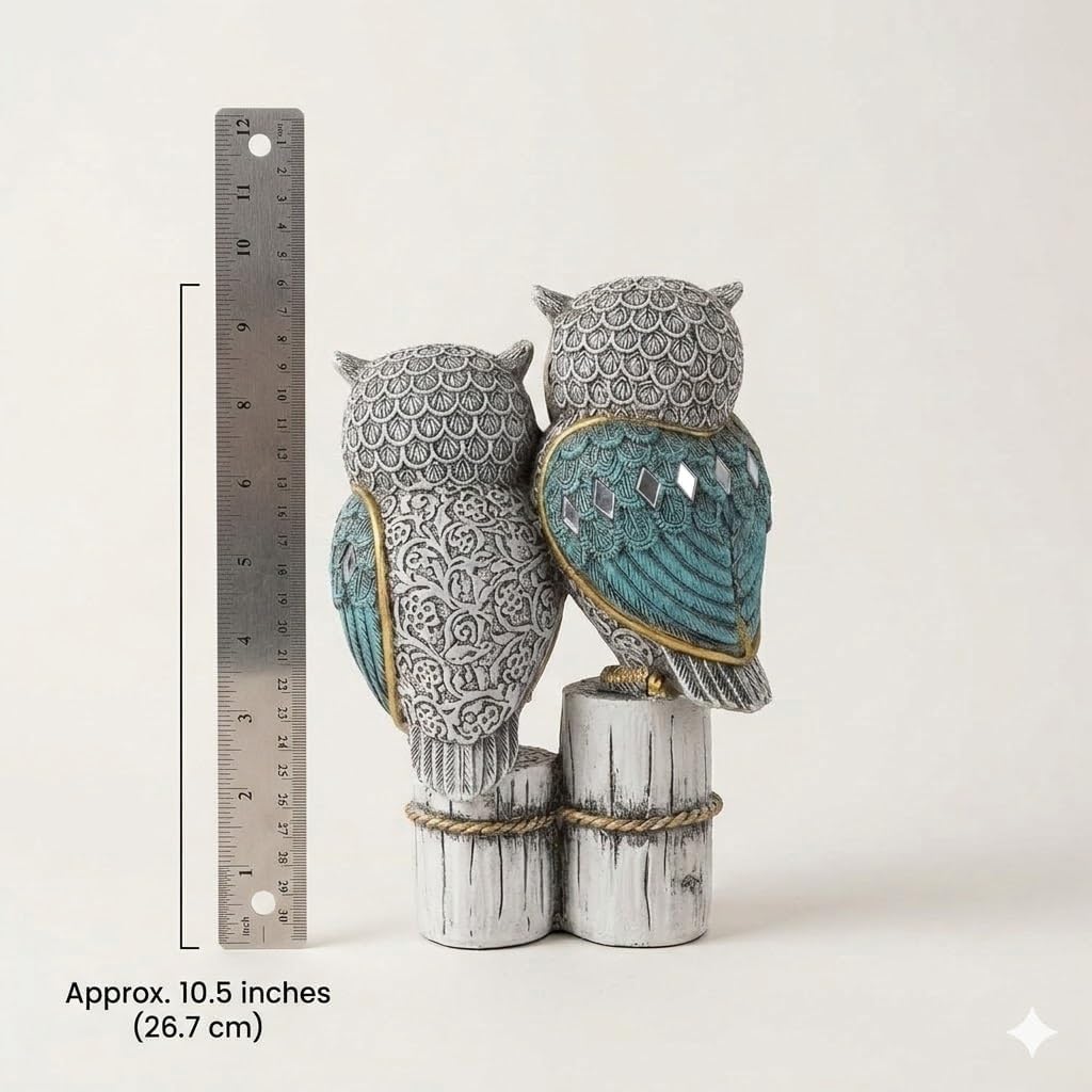 Owl Couple Figurine | Resin | Intricate Pattern Design | Tabletop Showpiece for Home, Office & Bedroom (Blue-White)
