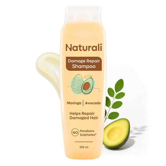 Naturali Damage Repair Shampoo bottle with avocado and Moringa on a white background