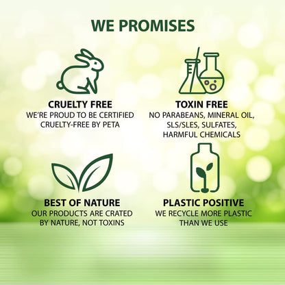 Promises of a brand on a green blurred background with icons and text.