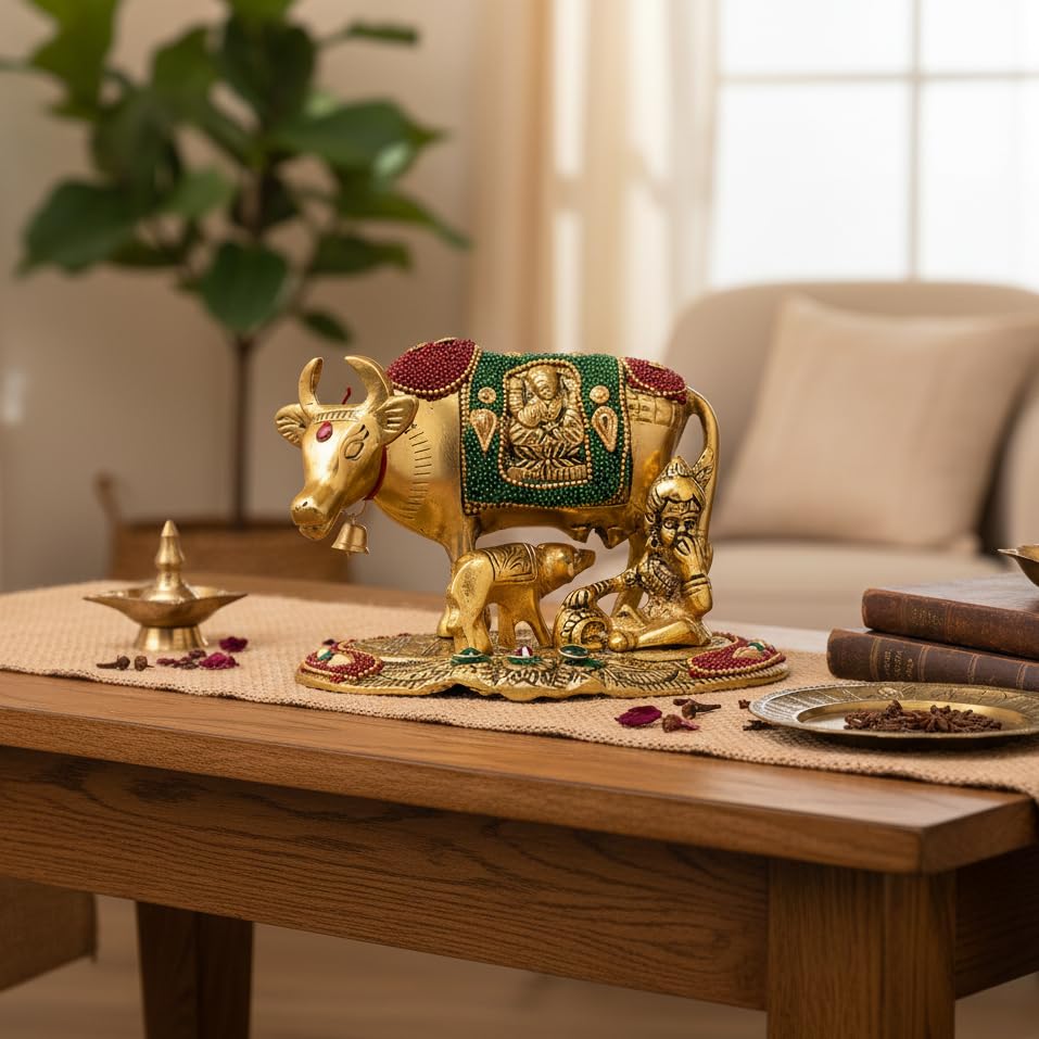 KridayKraft Kamdhenu Cow,Calf with Bal Gopal Krishna Metal Statue for Good Luck,Feng Shui As Table Top Figurine,Vastu,Religious Gau MATA Idol Home,Office&Table Decorative,Animal.
