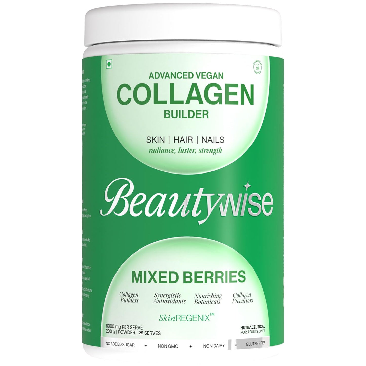 Beautywise Advanced Vegan Collagen Builder powder container with green and white design.