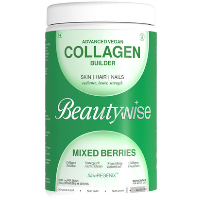 Beautywise Advanced Vegan Collagen Builder powder container with green and white design.