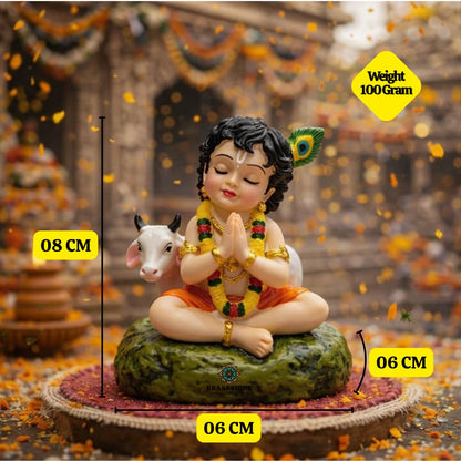 Laddu Gopal Idol with Cow, Resin Bal Krishna Murti for Car Dashboard, Home Temple, Office Desk & Pooja Room, Krishna Statue for Janmashtami, Housewarming & Spiritual Gift, 8 cm
