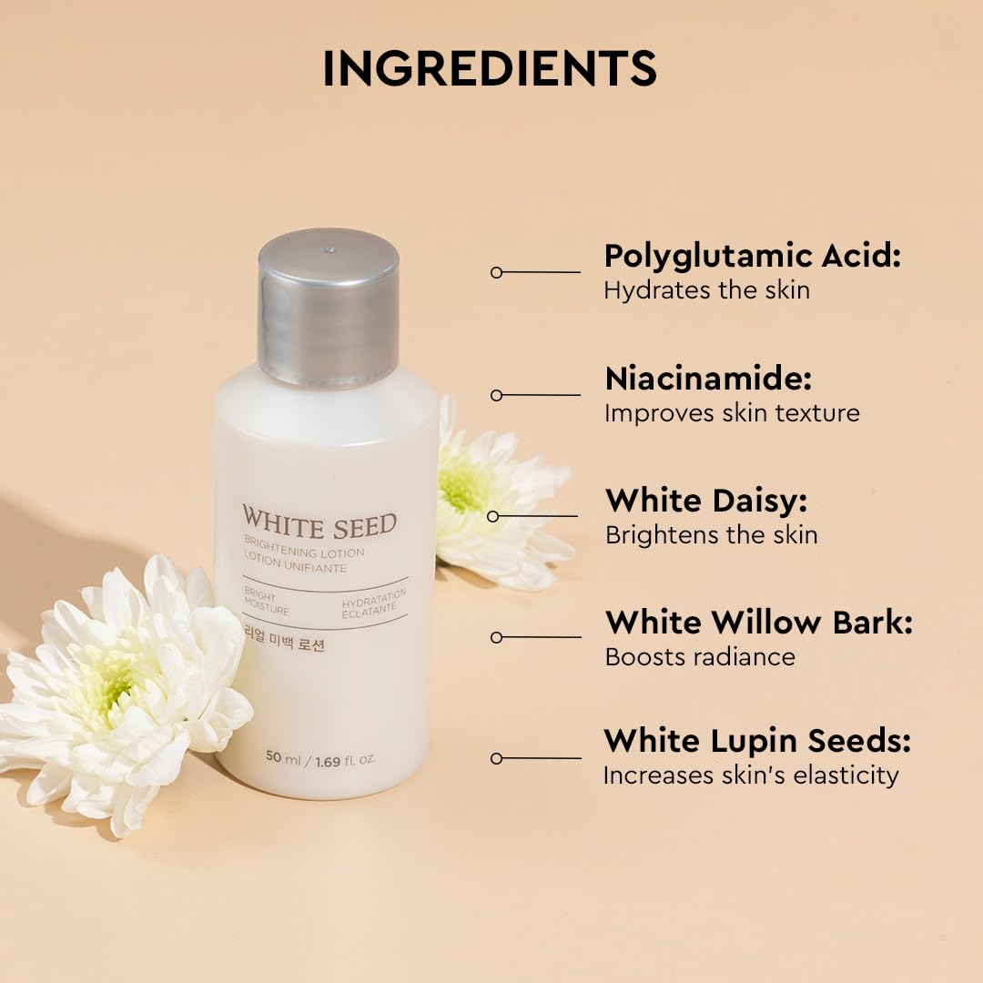 White Seed skincare lotion bottle with ingredients listed on a beige background