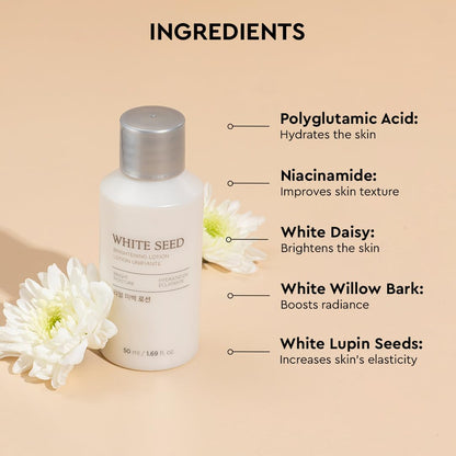 White Seed skincare lotion bottle with ingredients listed on a beige background