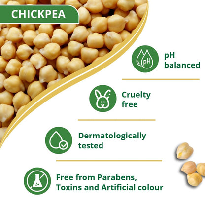 Chickpeas with health benefits and product attributes listed on a white background