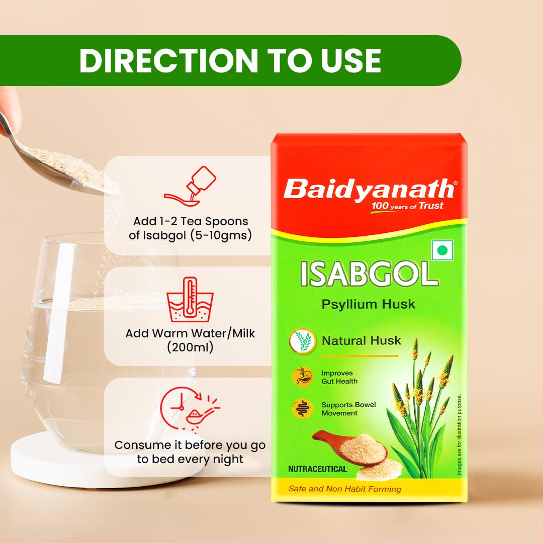 Baidyanath Isabgol packaging with usage instructions on a beige background