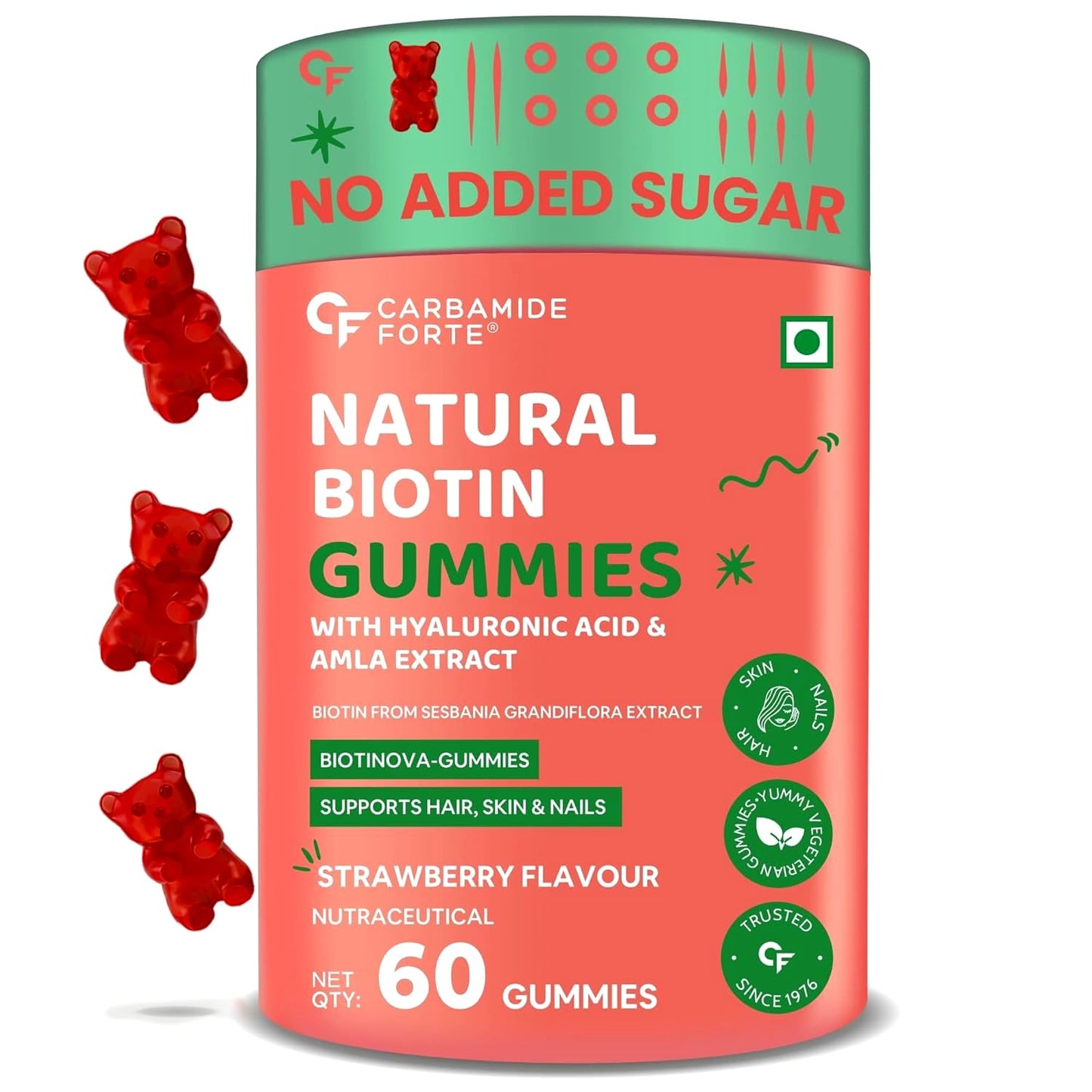 Carbamide Forte Natural Biotin Gummies packaging with gummy bears on a white background