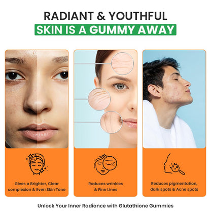 Advertisement for Glutathione Gummies with before-and-after effects on skin.