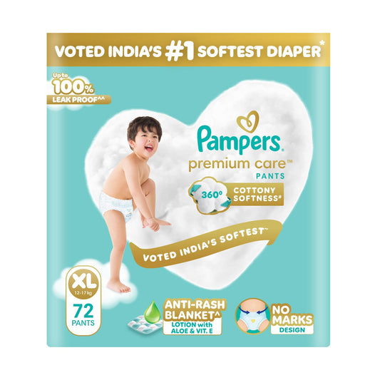 Pampers Premium Care Pant Style Baby Diapers XL 72 Count | No Marks Design | Voted India’s #1 Softest Diaper | All in 1 diaper with 360 Cottony Softness