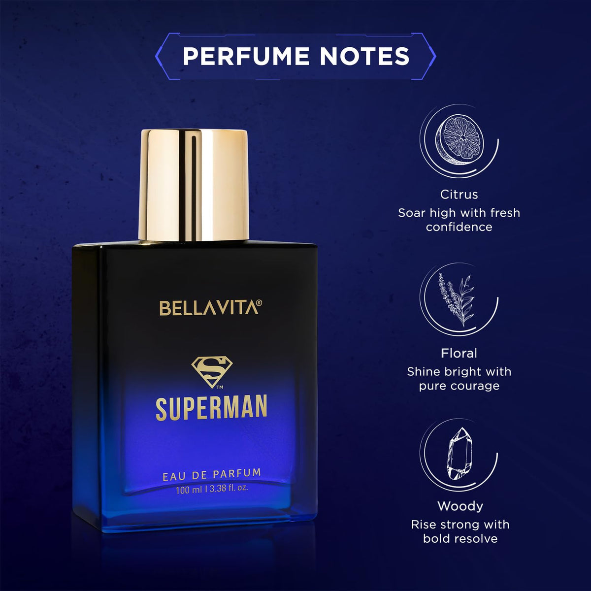 Bellavita Superman perfume bottle with fragrance notes on a blue background